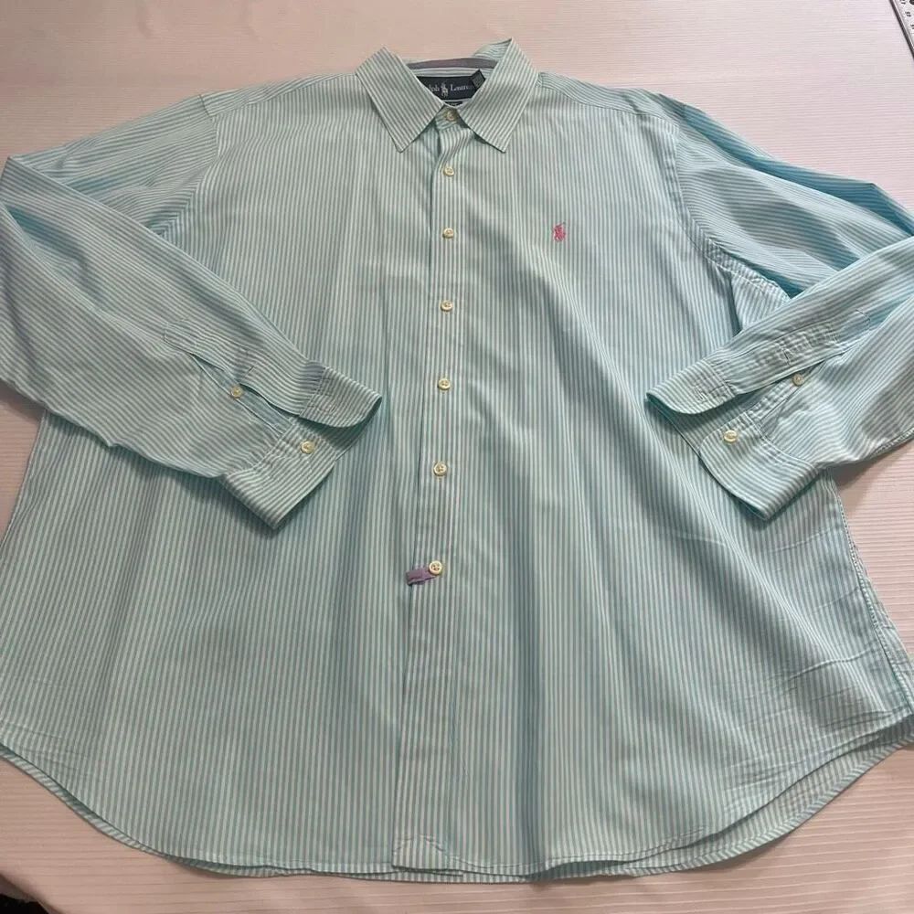 Ralph Lauren Classic Fit Vtg Blue White Stripe Long Sleeve Button Shirt Size XXL